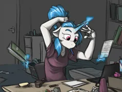 Size: 1583x1202 | Tagged: safe, artist:sinrar, derpibooru import, vinyl scratch, anthro, unicorn, computer, image, laptop computer, magic, pencil, png, solo, telekinesis