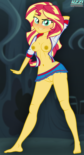 Size: 3035x5578 | Tagged: explicit, artist:uzzi-ponydubberx, sunset shimmer, equestria girls, bottomless, braless, breasts, clothes, image, no panties, no underwear, nudity, png, skirt, upskirt, vulva