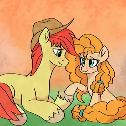 Size: 2000x2000 | Tagged: safe, artist:artevi, derpibooru import, bright mac, pear butter, earth pony, pony, atg 2023, blushing, brightbutter, duo, female, hat, holding hooves, image, looking at each other, looking at someone, lying down, male, newbie artist training grounds, png, prone, shipping, sitting, straight