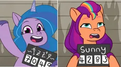 Size: 1464x816 | Tagged: safe, derpibooru import, edit, edited screencap, screencap, izzy moonbow, sunny starscout, earth pony, pony, unicorn, g5, my little pony: tell your tale, barbie mugshot meme, female, image, jpeg, mare, meme, mugshot, the game is ahoof