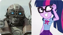 Size: 997x560 | Tagged: safe, derpibooru import, sci-twi, twilight sparkle, robot, equestria girls, equestria girls series, clash of hasbro's titans, clothes, comparison, duo, female, glasses, image, jpeg, male, pablojack, photo, ponytail, sci-twiabetes, transformers, transformers rise of the beasts, wheeljack