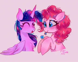 Size: 2048x1620 | Tagged: safe, artist:petaltwinkle, derpibooru import, pinkie pie, twilight sparkle, twilight sparkle (alicorn), alicorn, earth pony, pony, blushing, candy, chest fluff, cute, diapinkes, duo, eyes closed, food, hoof hold, image, jpeg, lollipop, open mouth, open smile, pink background, signature, simple background, smiling, sparkles, tongue out, twiabetes