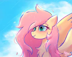 Size: 1024x810 | Tagged: safe, artist:petaltwinkle, derpibooru import, fluttershy, pegasus, pony, blushing, bust, chest fluff, ear blush, eye clipping through hair, female, image, jpeg, mare, messy mane, sky, smiling, solo, sparkles, spread wings, wings