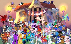 Size: 1920x1200 | Tagged: artist needed, safe, artist:ngthanhphong, artist:sweetbrew, derpibooru import, oc, oc:frost flare, oc:ruby star, oc:taffy swirl, banner, birthday, image, lots of characters, png, ponyville plaza