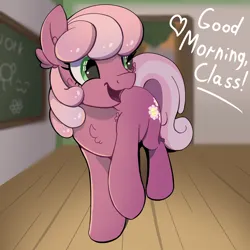 Size: 1000x1000 | Tagged: safe, artist:candy meow, derpibooru import, cheerilee, earth pony, pony, atg 2023, blurry background, chalkboard, cheek fluff, cheeribetes, chest fluff, classroom, cute, ear fluff, image, lesson, looking at someone, morning, newbie artist training grounds, png, ponyville schoolhouse, smiling, solo