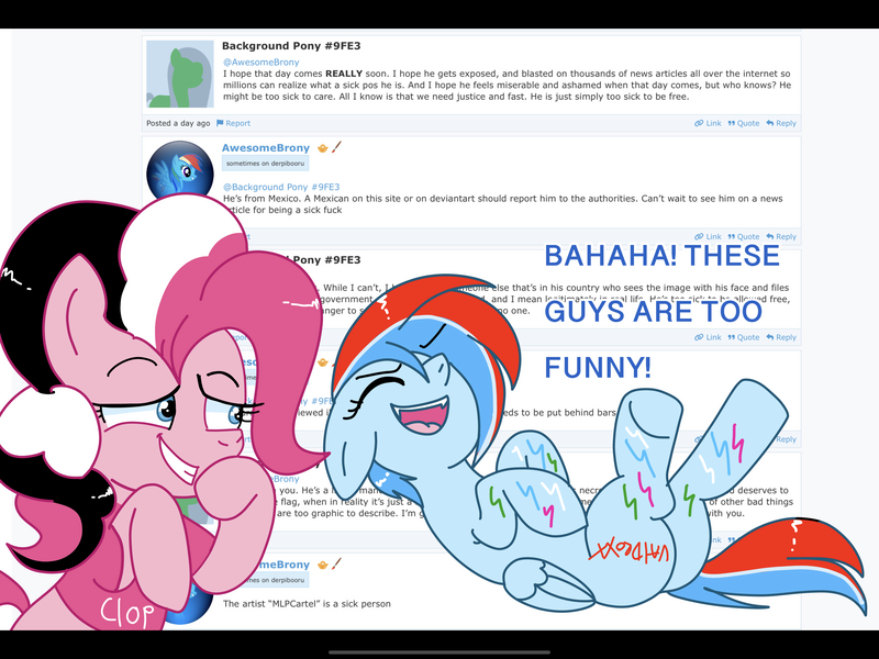 Size: 2732x2048 | Tagged: safe, artist:mlpcartel, derpibooru import, oc, oc:raindroxx, oc:sperm pie, comments, drama, giggling, image, not pinkie pie, not rainbow dash, png