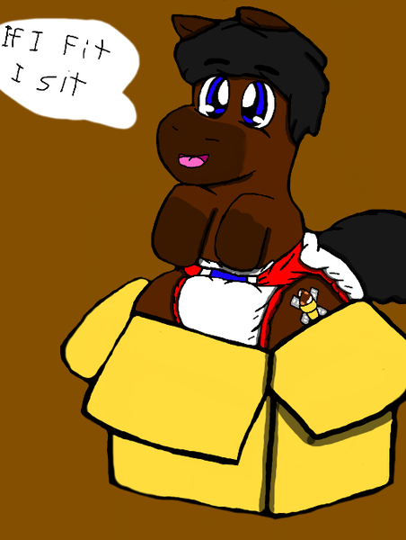 Size: 512x680 | Tagged: suggestive, artist:cavewolfphil, derpibooru import, oc, earth pony, pony, big smile, box, brown background, colt, diaper, diaper fetish, fetish, foal, image, male, non-baby in diaper, png, pony in a box, simple background, speech bubble