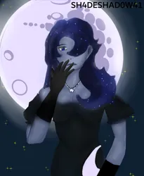 Size: 3000x3650 | Tagged: safe, artist:sh4deshad0w41, derpibooru import, princess luna, human, black dress, clothes, dress, female, gloves, glow, hand, hand on mouth, humanized, image, jewelry, jpeg, lipstick, looking at you, necklace, solo, solo female, stars