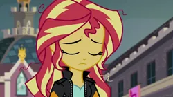 Size: 3072x1727 | Tagged: safe, derpibooru import, screencap, sunset shimmer, human, equestria girls, friendship games, canterlot high, clothes, eyes closed, female, frown, image, jacket, jpeg, leather, leather jacket, solo