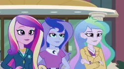 Size: 3072x1727 | Tagged: safe, derpibooru import, screencap, princess cadance, princess celestia, princess luna, human, equestria girls, friendship games, canterlot high, crossed arms, dean cadance, female, hand on hip, image, jpeg, principal celestia, smiling, trio, trio female, vice principal luna