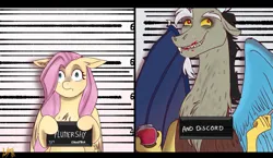 Size: 1176x680 | Tagged: safe, artist:sprong-lhama, derpibooru import, discord, fluttershy, draconequus, pegasus, pony, barbie mugshot meme, duo, duo male and female, equestria, female, food, image, jpeg, male, male and female, meme, mugshot, name, not blood, scared, signature, strawberry, strawberry jam