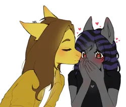 Size: 2292x1946 | Tagged: safe, artist:ruru_01, derpibooru import, oc, oc:radiant star, oc:rune riddle, anthro, earth pony, pegasus, clothes, commission, couple, cute, image, kiss on the cheek, kissing, png, simple background, white background