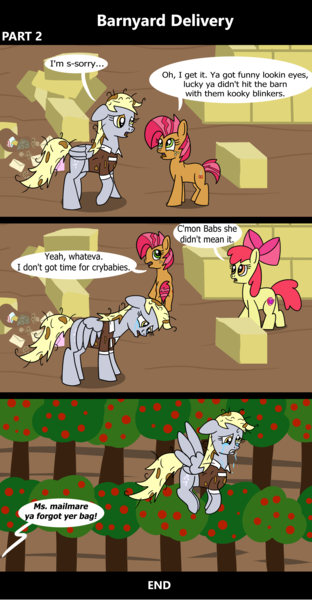 Size: 1920x3692 | Tagged: safe, artist:platinumdrop, derpibooru import, apple bloom, babs seed, derpy hooves, earth pony, pegasus, pony, comic:barnyard delivery, 3 panel comic, accident, angry, bag, barn, bully, bullying, clothes, comic, commission, crash, crying, delivery, disheveled, envelope, farm, female, filly, flying, flying away, food, hay, hay bale, i just don't know what went wrong, image, mailmare, mailmare uniform, mare, muffin, png, sad, scrunchy face, speech bubble, spread wings, sweet apple acres, uniform, wings, yelling