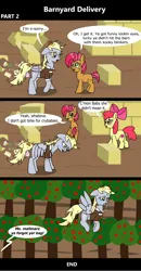Size: 1920x3692 | Tagged: safe, artist:platinumdrop, derpibooru import, apple bloom, babs seed, derpy hooves, earth pony, pegasus, pony, comic:barnyard delivery, 3 panel comic, accident, angry, bag, barn, bully, bullying, clothes, comic, commission, crash, crying, delivery, disheveled, envelope, farm, female, filly, flying, flying away, food, hay, hay bale, i just don't know what went wrong, image, mailmare, mailmare uniform, mare, muffin, png, sad, scrunchy face, speech bubble, spread wings, sweet apple acres, uniform, wings, yelling