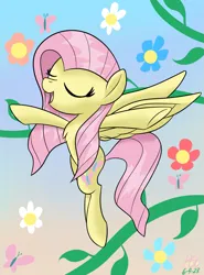 Size: 1701x2296 | Tagged: safe, artist:notadeliciouspotato, derpibooru import, butterfly, insect, pegasus, pony, atg 2023, eyes closed, female, flower, gradient background, image, mare, open mouth, open smile, png, signature, smiling, solo, spread arms, spread wings, wings