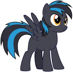 Size: 2247x2208 | Tagged: safe, artist:lightning stripe, derpibooru import, oc, oc:iron (jwwt4), unofficial characters only, pegasus, pony, black coat, black mane, black tail, blank flank, blue mane, blue tail, derpibooru exclusive, feminine stallion, image, male, orange eyes, png, show accurate, simple background, solo, spread wings, tail, three quarter view, transparent background, trap, two toned mane, two toned tail, vector, wings