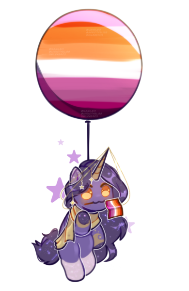 Size: 1300x1999 | Tagged: safe, artist:iamsmileo, derpibooru import, oc, oc:urania, unofficial characters only, pony, unicorn, balloon, chibi, clothes, flag, horn, horn jewelry, image, jewelry, lesbian pride flag, long mane, png, pride, pride flag, scarf, short tail, simple background, smiling, solo, tail, transparent background