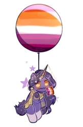 Size: 1300x1999 | Tagged: safe, artist:iamsmileo, derpibooru import, oc, oc:urania, unofficial characters only, pony, unicorn, balloon, chibi, clothes, flag, horn, horn jewelry, image, jewelry, lesbian pride flag, long mane, png, pride, pride flag, scarf, short tail, simple background, smiling, solo, tail, transparent background