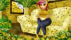Size: 3200x1800 | Tagged: semi-grimdark, artist:sixes&sevens, derpibooru import, princess cadance, bee, human, hybrid, insect, fanfic:the sunset archives, equestria girls, antennae, beehive, body horror, couch, cup, dean cadance, fanfic art, flower, food, honey, honeycomb (structure), image, insect wings, png, sitting, solo, teacup, wings