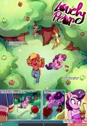 Size: 1555x2250 | Tagged: safe, artist:chocokangoo, artist:lummh, artist:tomi_ouo, derpibooru import, apple bloom, applejack, big macintosh, sugar belle, anthro, earth pony, unicorn, comic:lovely pear, apple, clothes, comic, commissioner:dualreason, female, food, group, image, male, pear, png, shipping, smiling, straight, sugarmac