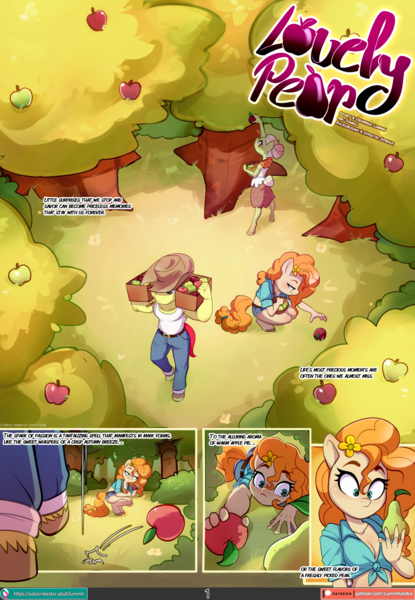 Size: 1555x2250 | Tagged: safe, alternate version, artist:chocokangoo, artist:lummh, artist:tomi_ouo, derpibooru import, bright mac, granny smith, pear butter, comic:lovely pear, alternate character, apple, brightbutter, comic, commissioner:dualreason, female, food, group, image, male, pear, png, shipping, smiling, straight, young granny smith, younger