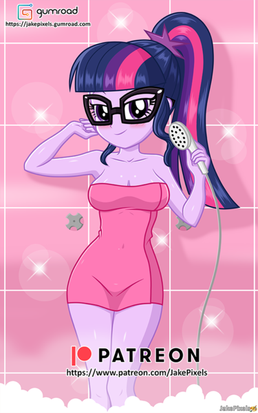 Size: 606x970 | Tagged: suggestive, artist:jakepixels, derpibooru import, sci-twi, twilight sparkle, human, equestria girls, bath, bathroom, breasts, busty sci-twi, female, gumroad, gumroad logo, image, patreon, patreon logo, png, sexy, shower, solo, solo female, stupid sexy sci-twi, stupid sexy twilight