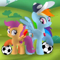 Size: 1400x1400 | Tagged: safe, artist:mlplary6, derpibooru import, rainbow dash, scootaloo, pegasus, pony, ball, cap, coach rainbow dash, coaching cap, female, filly, foal, football, hat, image, mare, png, rainbow dashs coaching whistle, scootalove, siblings, sisters, sports, whistle, whistle necklace