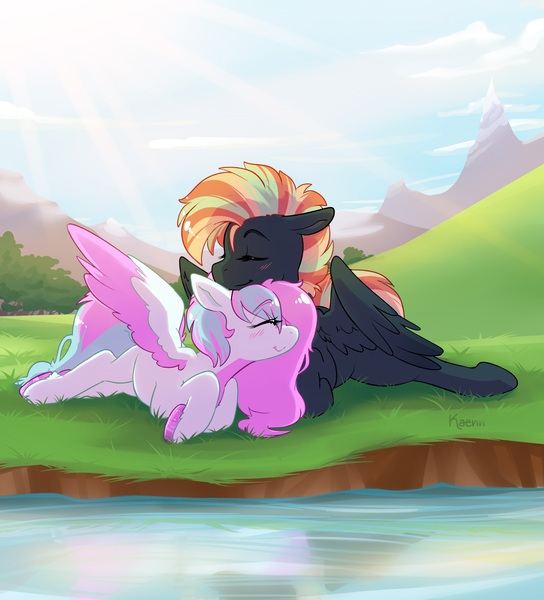 Size: 2893x3193 | Tagged: safe, artist:kaenn, derpibooru import, oc, oc:dyn, oc:treading step, unofficial characters only, pegasus, pony, colored wings, complex background, cute, duo, hooves, image, jpeg, multicolored hair, multicolored mane, multicolored tail, multicolored wings, pegasus oc, pink mane, reflection, snuggling, tail, uwu, water, wings