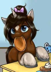 Size: 1024x1449 | Tagged: safe, artist:zsnowfilez, derpibooru import, oc, oc:chocolate frostheart, pony, unicorn, female, food, image, jpeg, mare, mouth hold, pancakes, solo