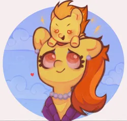 Size: 788x747 | Tagged: safe, artist:amaeeart, derpibooru import, spitfire, stormy flare, pony, baby, baby pony, cloud, cute, cutefire, duo, female, heart, image, mother and child, mother and daughter, png, simple background, smiling