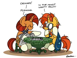 Size: 2224x1680 | Tagged: safe, artist:bobthedalek, derpibooru import, stellar flare, sunburst, pony, unicorn, atg 2023, chess, chess piece, chessboard, duo, female, image, male, mother and child, mother and son, newbie artist training grounds, newspaper, png, table