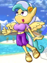 Size: 1200x1600 | Tagged: suggestive, artist:flash equestria photography, derpibooru import, oc, oc:pacific breeze, unofficial characters only, anthro, pegasus, background, beach, belly button, big breasts, bracelet, breasts, clothes, emerald coast, female, flower, flower in hair, image, jewelry, midriff, png, pose, shirt, skirt, solo, solo female, sonic adventure, sonic the hedgehog (series), sonicified