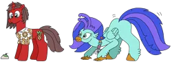 Size: 2991x1112 | Tagged: safe, artist:supahdonarudo, derpibooru import, oc, oc:ironyoshi, oc:sea lilly, unofficial characters only, classical hippogriff, hippogriff, insect, pony, unicorn, atg 2023, butt shake, camera, clothes, duo, face down ass up, image, imminent pounce, jewelry, necklace, newbie artist training grounds, png, rock, shirt, simple background, this will end in snuggles, transparent background