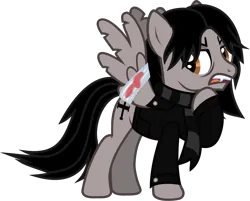 Size: 1443x1162 | Tagged: safe, alternate version, artist:lightningbolt, derpibooru import, ponified, pegasus, pony, .svg available, angry, bags under eyes, bandage, blood, broken wing, clothes, derpibooru exclusive, fangs, gerard way, image, jacket, leather, leather jacket, long sleeves, looking back, male, my chemical romance, open mouth, png, raised hoof, scarf, show accurate, simple background, solo, spread wings, stallion, standing, striped scarf, tattered, tattered wings, teeth, transparent background, vector, wings