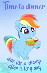 Size: 1150x1788 | Tagged: safe, artist:theretroart88, derpibooru import, rainbow dash, pegasus, pony, burger, cup, drink, english, female, food, image, mare, png, poster, solo, text, wing hands, wings
