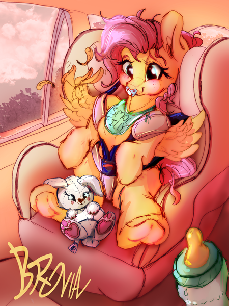 Size: 2400x3200 | Tagged: safe, artist:br0via, derpibooru import, fluttershy, pegasus, pony, baby, baby bottle, baby pony, bib, car, car seat, cute, female, filly, foal, image, pacifier, plushie, png, shyabetes, sitting, smiling, solo