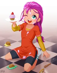 Size: 2770x3515 | Tagged: safe, alternate version, artist:uotapo, derpibooru import, sunny starscout, human, equestria girls, g5, clothes, cupcake, cute, cutie mark, cutie mark on clothes, equestria girls-ified, female, food, frosting, g5 to equestria girls, generation leap, high res, image, jar, kneeling, messy, missing shoes, one eye closed, open mouth, plate, png, shirt, shorts, socks, solo, stocking feet, strawberry, sunnybetes, tiled floor, whisk