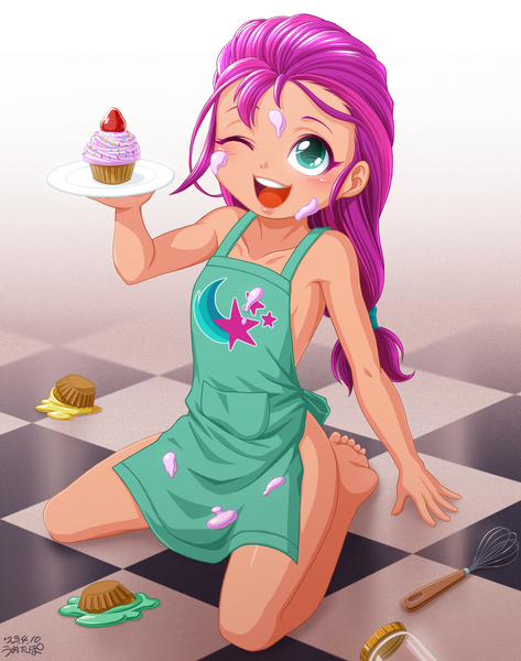 Size: 2770x3515 | Tagged: safe, artist:uotapo, banned from derpibooru, derpibooru import, sunny starscout, human, equestria girls, g5, apron, clothes, cupcake, cute, cutie mark, cutie mark on clothes, equestria girls-ified, female, food, frosting, g5 to equestria girls, generation leap, high res, image, jar, kneeling, messy, one eye closed, open mouth, plate, png, solo, strawberry, sunnybetes, tiled floor, underage, whisk