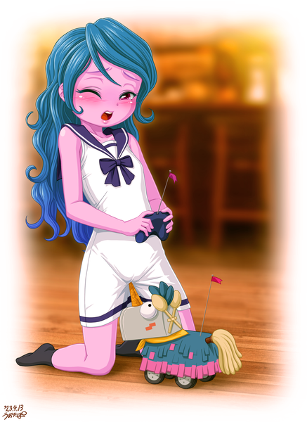 Size: 2500x3433 | Tagged: questionable, artist:uotapo, banned from derpibooru, izzy moonbow, equestria girls, g5, blushing, bowtie, clothes, cute, dress, equestria girls-ified, female, g5 to equestria girls, generation leap, high res, image, izzybetes, kneeling, lolicon, masturbation, missing shoes, one eye closed, png, remote control, señor butterscotch, socks, solo, stocking feet, toy, underage, younger