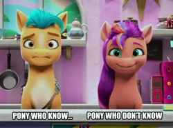 Size: 1191x888 | Tagged: safe, derpibooru import, edit, edited screencap, screencap, hitch trailblazer, sunny starscout, earth pony, pony, g5, my little pony: make your mark, spoiler:g5, spoiler:my little pony: make your mark, spoiler:my little pony: make your mark chapter 4, spoiler:mymc04e04, blaze (coat marking), coat markings, cute, exploitable meme, facial markings, female, frown, happy, hitchbetes, image, jpeg, kitchen, male, mare, meme, mood contrast, my little pony: make your mark chapter 4, nervous, pale belly, sash, smiling, stallion, sunny side up, sunnybetes, text, those who don't know