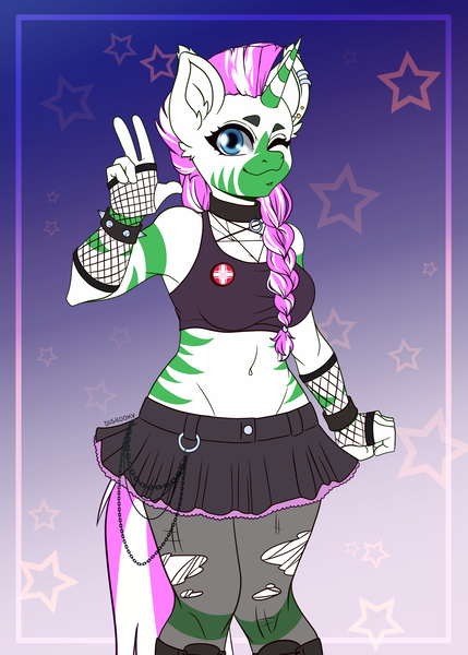 Size: 2000x2800 | Tagged: safe, artist:duskooky, derpibooru import, oc, oc:ahadi, hybrid, zony, fallout equestria, blue eyes, bracelet, breasts, chains, choker, clothes, eyebrows, eyelashes, female, fuckable, futa, gloves, green stripes, herm, horn, image, intersex, leggings, long gloves, medic, ministry of peace, mohawk, one eye closed, pink hair, pink stripes, pink tail, png, ponytail, see-through leggings, sexy, short shirt, simple background, skirt, solo, solo female, spiked wristband, stars, tail, victory sign, white fur, white hair, white tail, wristband