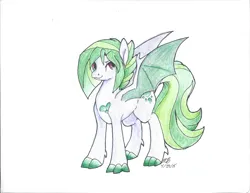 Size: 4944x3816 | Tagged: safe, artist:lunarskies92, derpibooru import, oc, oc:cora, unofficial characters only, dracony, hybrid, 2015, claw hooves, dragon wings, image, interspecies offspring, jpeg, offspring, parent:rarity, parent:spike, parents:sparity, signature, smiling, solo, spread wings, traditional art, wings