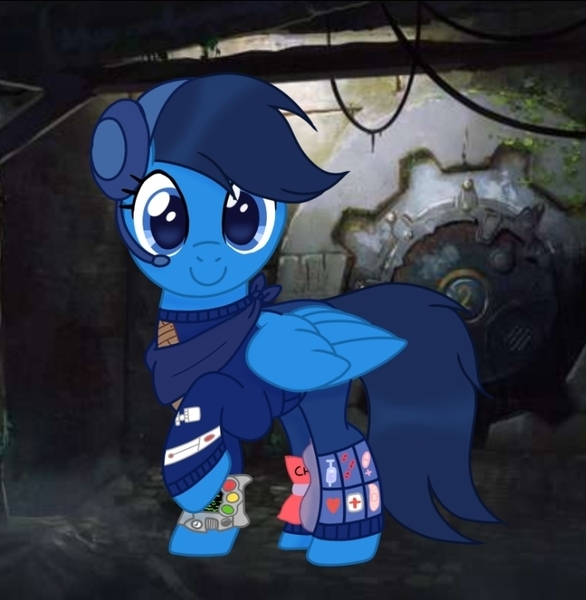 Size: 720x737 | Tagged: artist needed, safe, derpibooru import, oc, oc:bluewing, unofficial characters only, pegasus, pony, fallout equestria, bandana, bandolier, blue coat, blue eyes, blue mane, blue tail, chips, clothes, enclave, enclave uniform, food, headphones, image, jpeg, medkit, military uniform, pipbuck, stable 2, tail, uniform, water bottle, wings