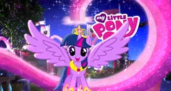 Size: 1318x701 | Tagged: safe, derpibooru import, twilight sparkle, twilight sparkle (alicorn), alicorn, magical mystery cure, crystal princess celebration, element of magic, hoof shoes, image, logo, magical mystery cure 10th anniversary, my little pony logo, png, princess, princess shoes, real life background, spread wings, wings