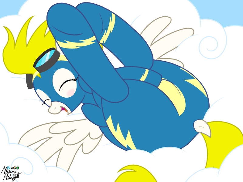 Size: 2732x2048 | Tagged: suggestive, artist:mistress midnight, derpibooru import, surprise, pegasus, pony, g1, blushing, butt, clothes, cloud, dock, goggles, goggles on head, image, laughing, lying down, on back, pinup, plot, png, show accurate, show accurate porn, solo, spread wings, tail, uniform, wings, wonderbolts, wonderbolts uniform