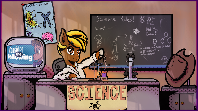 Size: 3840x2160 | Tagged: safe, artist:sugardotxtra, derpibooru import, oc, oc:acres, chalk, chalkboard, classroom, clothes, complex background, cowboy hat, desk, fire, hat, image, lab coat, microscope, necktie, png, poster, science, solo, television, tv show