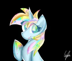 Size: 2034x1722 | Tagged: safe, artist:lydia, derpibooru import, oc, oc:windy／painting heart, unofficial characters only, pony, unicorn, black background, colored, female, image, looking at you, open mouth, paint, painting, png, simple background, smiling