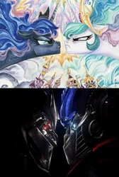 Size: 465x693 | Tagged: safe, derpibooru import, idw, princess celestia, princess luna, alicorn, face to face, image, jpeg, megatron, optimus prime, transformers