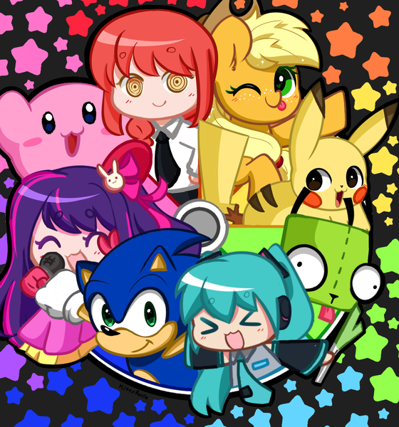 Size: 1200x1285 | Tagged: safe, artist:kittyrosie, derpibooru import, applejack, earth pony, hedgehog, human, kirin, pikachu, pony, :3, ><, ^^, ai hoshino, anime, chainsaw man, clothes, color wheel, color wheel challenge, eyes closed, freckles, gir, hatsune miku, image, invader zim, makima, one eye closed, open mouth, oshi no ko, png, pokémon, silly, silly pony, sonic the hedgehog, sonic the hedgehog (series), tongue out, vocaloid