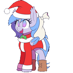 Size: 400x400 | Tagged: safe, alternate version, artist:thebatfang, oc, oc:lucky roll, bat pony, pony, animated, bat pony oc, bat wings, christmas, clothes, costume, female, gif, holiday, image, mare, open mouth, padoru, sack, santa costume, simple background, solo, spinning, transparent background, wings